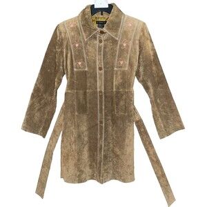 Vintage Pigalle Womens M Brown Suede Trench Jacket Embroidered Boho 70s Leather